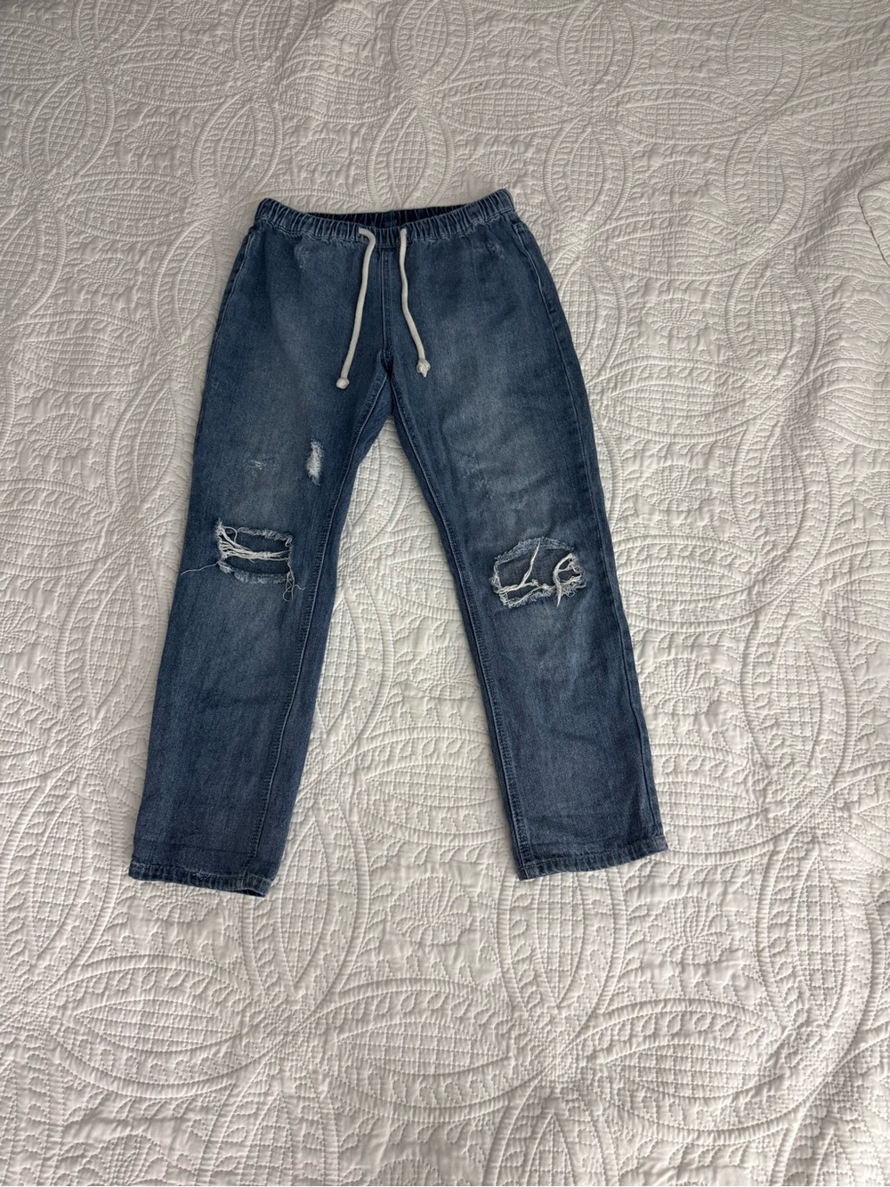 Distressed Drawstring Jeans - Blue